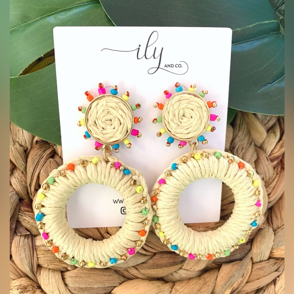 New Colorful Raffia And Seed Bead Dangle Earrings | Lightweight | Statement
